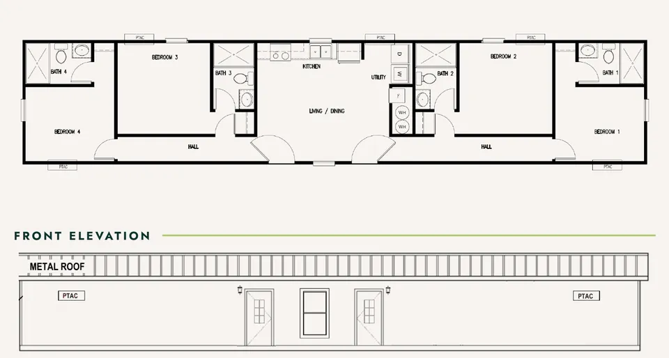 Floor plan of a 16×76 crew unit with four bed-bath suites and a shared living area