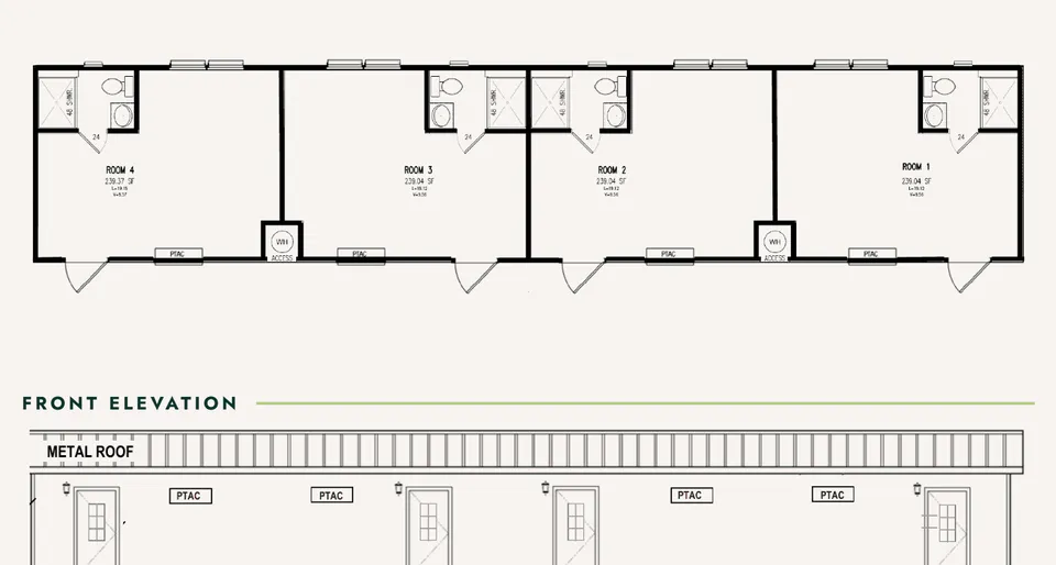 Floor plan of a 16×76 crew unit with four private rooms, each with its own bath